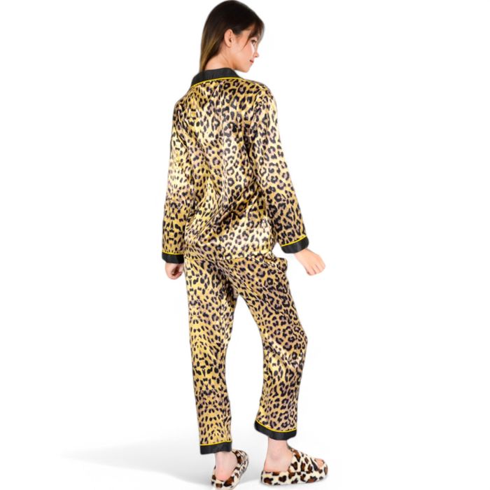 Women's Satin Leopard Print Pajama Set with Button-Down Top