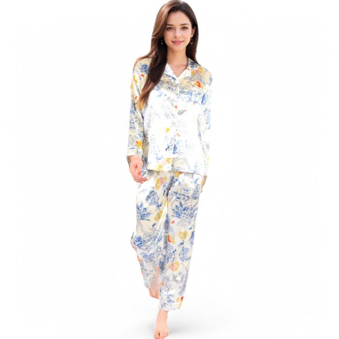 Women's Botanical Print Satin Pajama Set with Button-Up Top and Long Pants