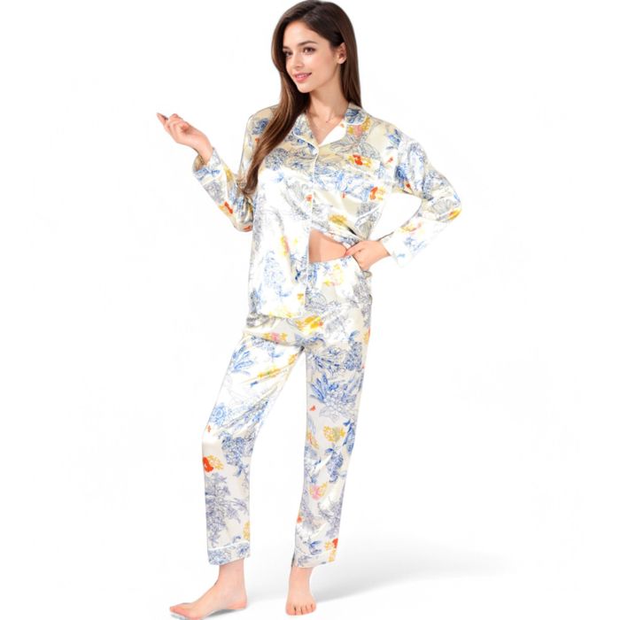 Women's Botanical Print Satin Pajama Set with Button-Up Top and Long Pants