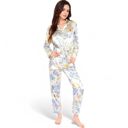 Blue Large Women's Botanical Print Satin Pajama Set with Button-Up Top and Long Pants