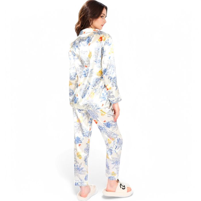 Women's Botanical Print Satin Pajama Set with Button-Up Top and Long Pants