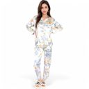 Blue Large Women's Botanical Print Satin Pajama Set with Button-Up Top and Long Pants