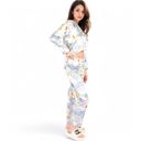 Blue Large Women's Botanical Print Satin Pajama Set with Button-Up Top and Long Pants