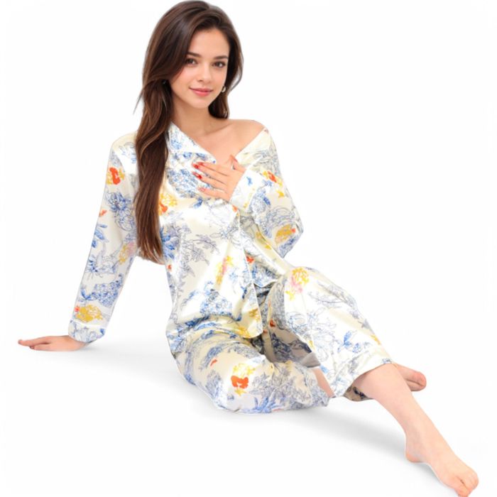 Women's Botanical Print Satin Pajama Set with Button-Up Top and Long Pants