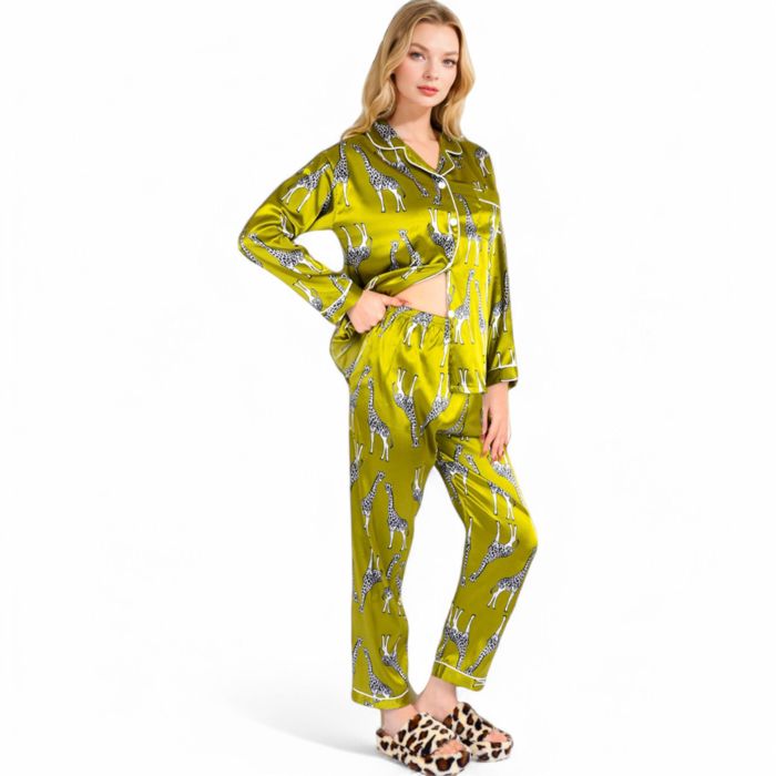 Women's Satin Pajama Set with Giraffe Print and Button-Down Top