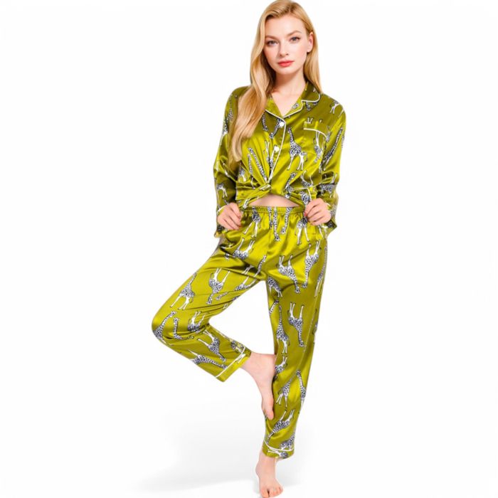 Women's Satin Pajama Set with Giraffe Print and Button-Down Top