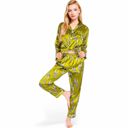 Yellow Large Women's Satin Pajama Set with Giraffe Print and Button-Down Top