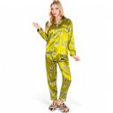 Yellow Large Women's Satin Pajama Set with Giraffe Print and Button-Down Top