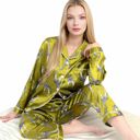 Yellow Large Women's Satin Pajama Set with Giraffe Print and Button-Down Top