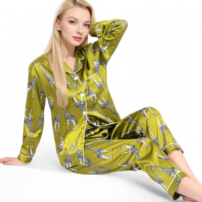 Women's Satin Pajama Set with Giraffe Print and Button-Down Top