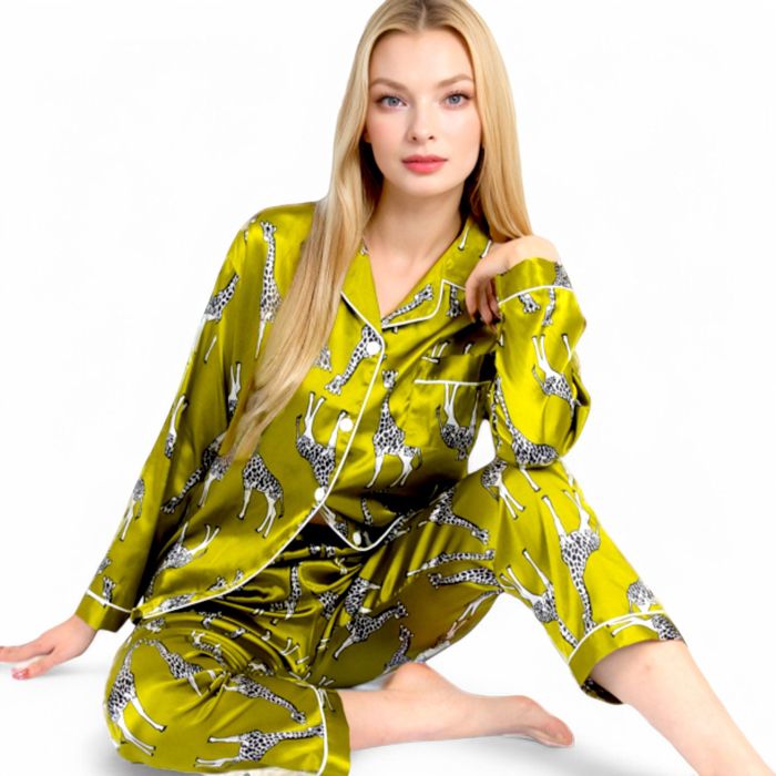 Women's Satin Pajama Set with Giraffe Print and Button-Down Top