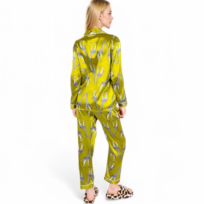 Women's Satin Pajama Set with Giraffe Print and Button-Down Top