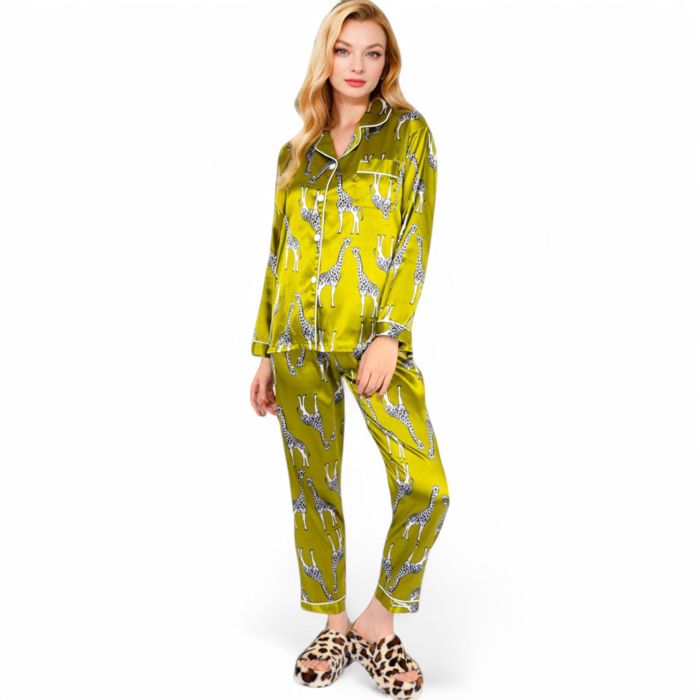 Women's Satin Pajama Set with Giraffe Print and Button-Down Top