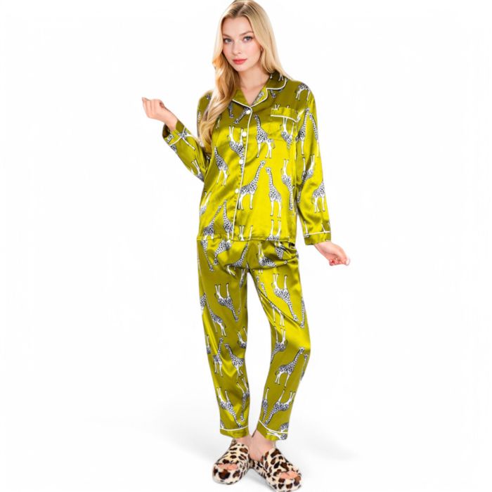 Women's Satin Pajama Set with Giraffe Print and Button-Down Top