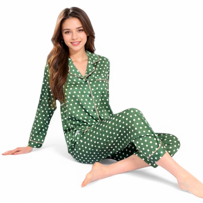 Women's Polka Dot Satin Pajama Set with Ruffled Cuffs and Piping Detail