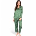 Green Large Women's Polka Dot Satin Pajama Set with Ruffled Cuffs and Piping Detail