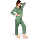 Green Large Women's Polka Dot Satin Pajama Set with Ruffled Cuffs and Piping Detail