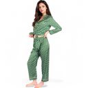 Green Large Women's Polka Dot Satin Pajama Set with Ruffled Cuffs and Piping Detail