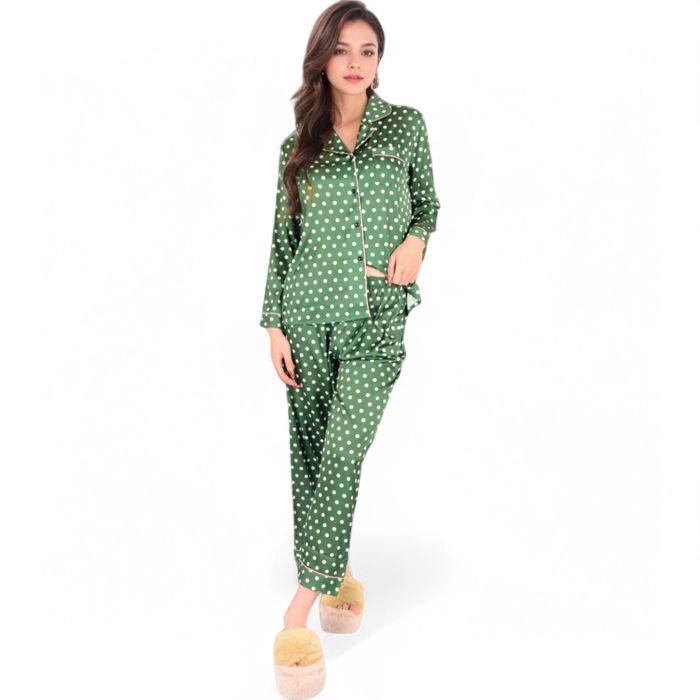 Women's Polka Dot Satin Pajama Set with Ruffled Cuffs and Piping Detail