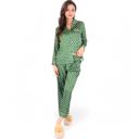 Green Large Women's Polka Dot Satin Pajama Set with Ruffled Cuffs and Piping Detail