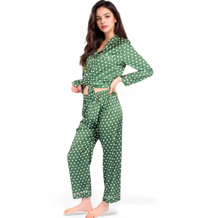 Women's Polka Dot Satin Pajama Set with Ruffled Cuffs and Piping Detail