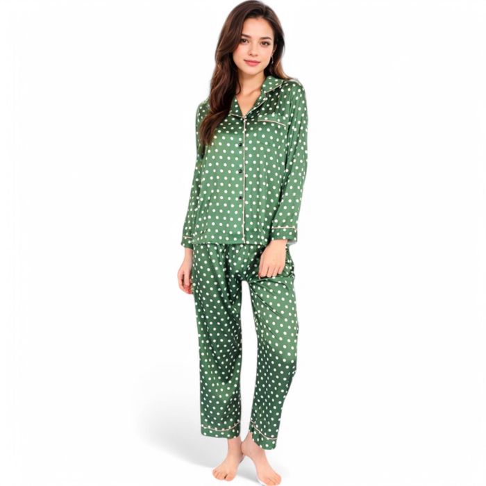 Women's Polka Dot Satin Pajama Set with Ruffled Cuffs and Piping Detail