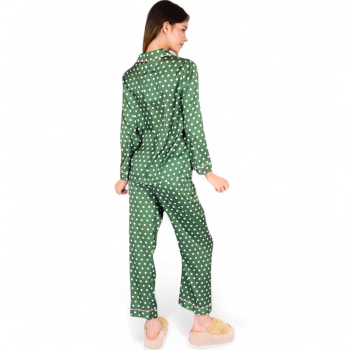 Women's Polka Dot Satin Pajama Set with Ruffled Cuffs and Piping Detail