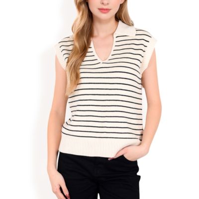 Women's Striped Knit Sleeveless Sweater Vest with Collared V-Neck