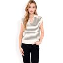 Beige Large Women's Striped Knit Sleeveless Sweater Vest with Collared V-Neck