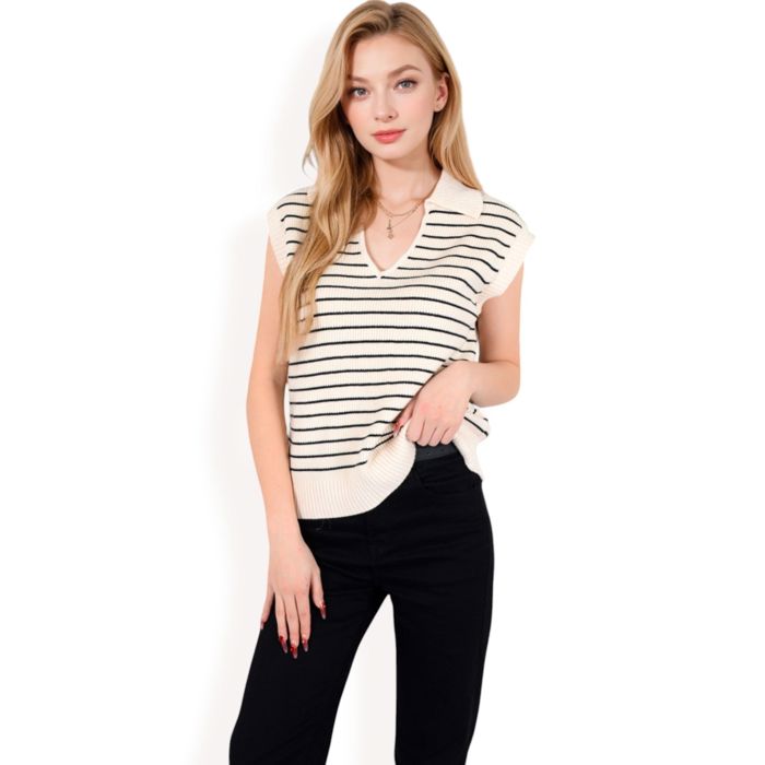 Women's Striped Knit Sleeveless Sweater Vest with Collared V-Neck