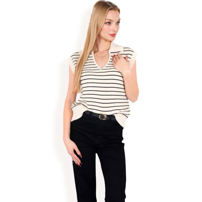 Women's Striped Knit Sleeveless Sweater Vest with Collared V-Neck