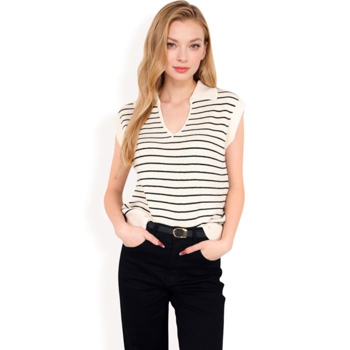 Women's Striped Knit Sleeveless Sweater Vest with Collared V-Neck