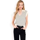 Beige Small Women's Striped Knit Sleeveless Sweater Vest with Collared V-Neck