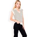 Beige Small Women's Striped Knit Sleeveless Sweater Vest with Collared V-Neck