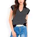 Black Large Women's Striped Knit Sleeveless Sweater Vest with Collared V-Neck