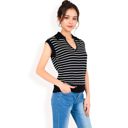 Black Large Women's Striped Knit Sleeveless Sweater Vest with Collared V-Neck