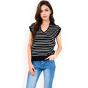 Black Large Women's Striped Knit Sleeveless Sweater Vest with Collared V-Neck