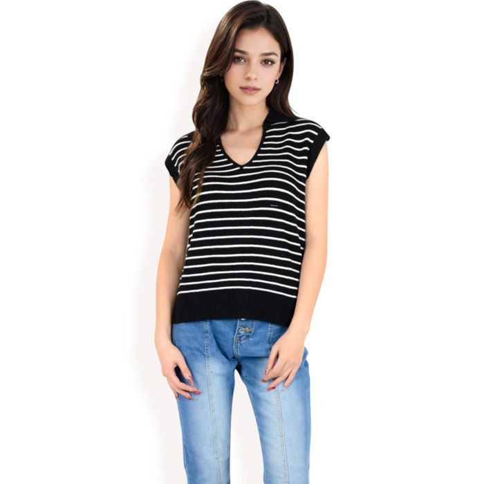 Women's Striped Knit Sleeveless Sweater Vest with Collared V-Neck