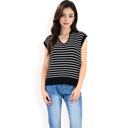 Black Large Women's Striped Knit Sleeveless Sweater Vest with Collared V-Neck