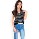 Black Large Women's Striped Knit Sleeveless Sweater Vest with Collared V-Neck