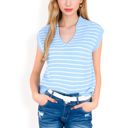 Blue Large Women's Striped Knit Sleeveless Sweater Vest with Collared V-Neck