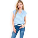 Blue Large Women's Striped Knit Sleeveless Sweater Vest with Collared V-Neck