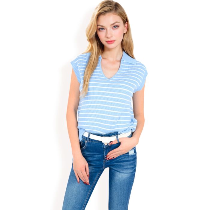 Women's Striped Knit Sleeveless Sweater Vest with Collared V-Neck