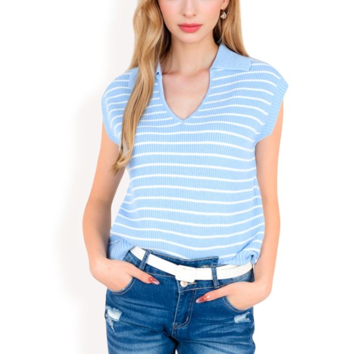 Women's Striped Knit Sleeveless Sweater Vest with Collared V-Neck