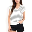 White Large Women's Striped Knit Sleeveless Sweater Vest with Collared V-Neck