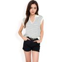 White Large Women's Striped Knit Sleeveless Sweater Vest with Collared V-Neck