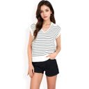 White Large Women's Striped Knit Sleeveless Sweater Vest with Collared V-Neck