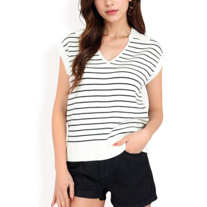 Women's Striped Knit Sleeveless Sweater Vest with Collared V-Neck