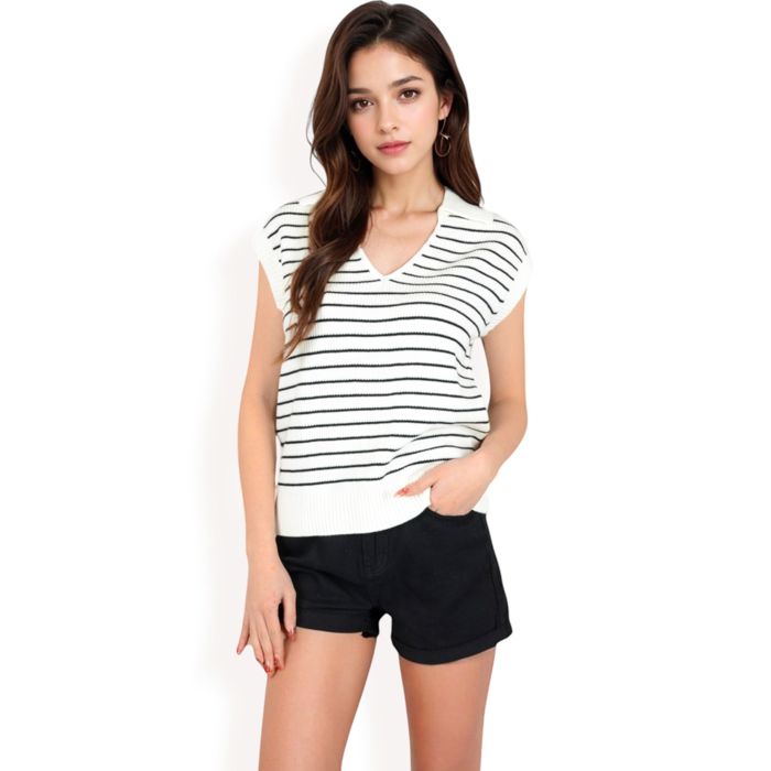 Women's Striped Knit Sleeveless Sweater Vest with Collared V-Neck