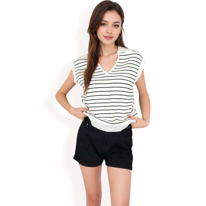 Women's Striped Knit Sleeveless Sweater Vest with Collared V-Neck